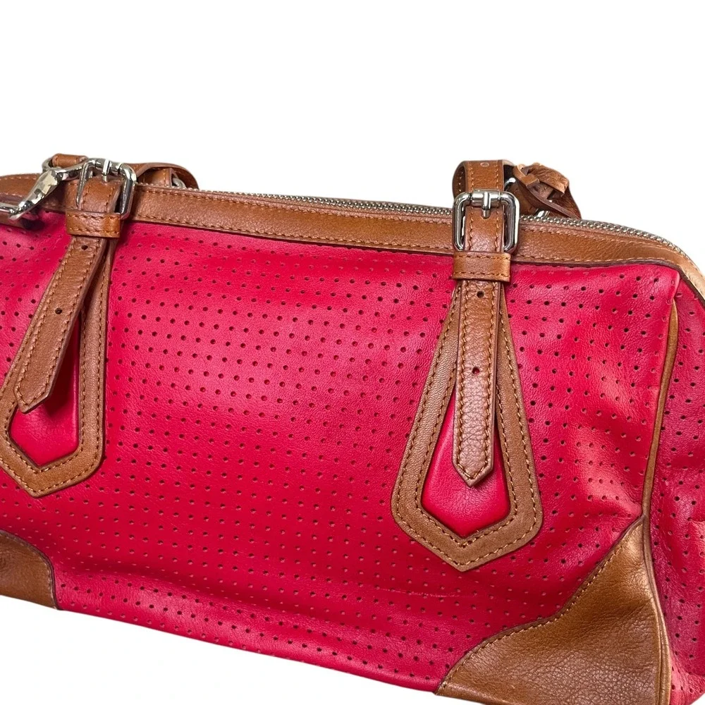 Sundance Red Perforated Leather Satchel Handbag Purse Shoulder Strap Lock Italy‎